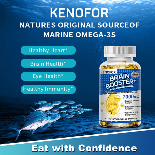 KENOFOR Brain Booster - 7000 Mg of EPA & DHA Optimum Essential Fatty Acids to Support Heart, Brain & Joints Advanced Burp-Free Softgel Supplement