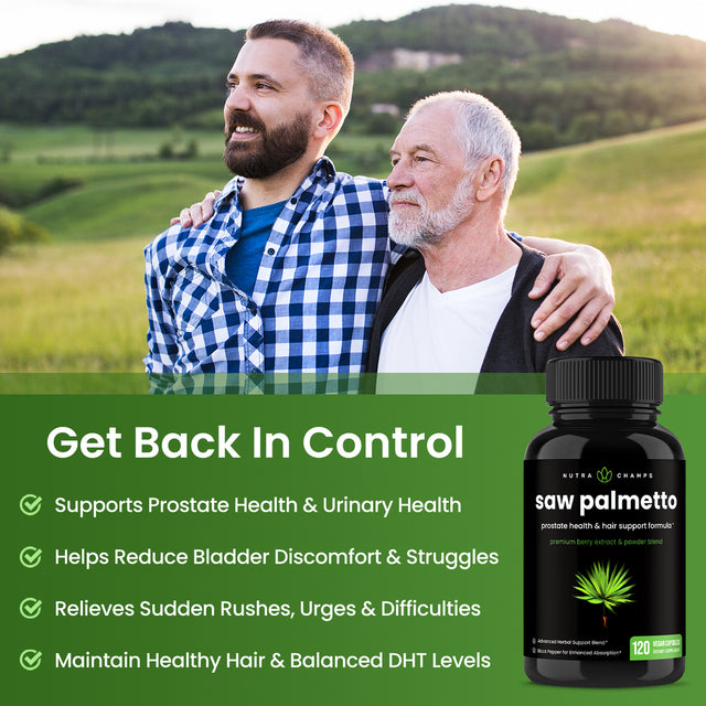 Nutrachamps Saw Palmetto Supplement for Prostate Health [Extra Strength] 600Mg Complex with Extract & Berry Powder - Supports Healthy Urination Frequency, DHT Blocker & Hair Loss Prevention - 120Ct