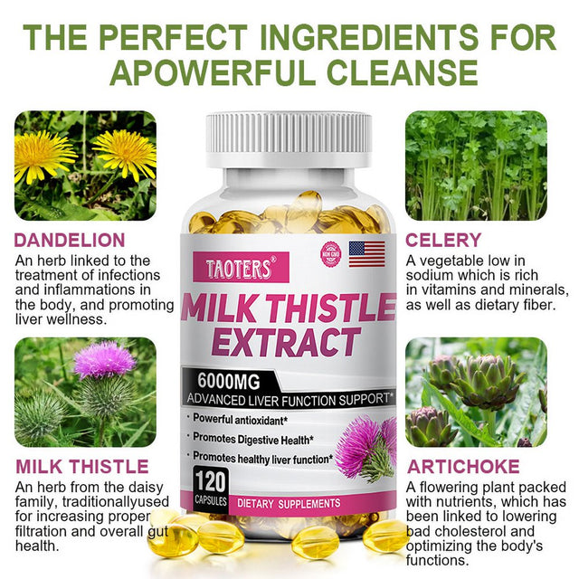 TAOTERS Milk Thistle Extract Capsules, Advanced Liver Support, Powerful Antioxidants, Promote Digestive Health.