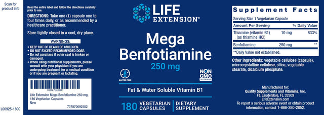 Life Extension Mega Benfotiamine, 250 Mg, 180 Vegetarian Capsules