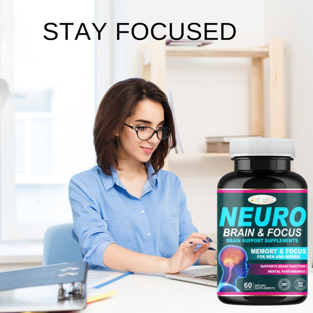 Brain Supplement, 60 Count, for Men & Women - Caffeine-Free Focus Capsules for Concentration, Brain & Memory Support