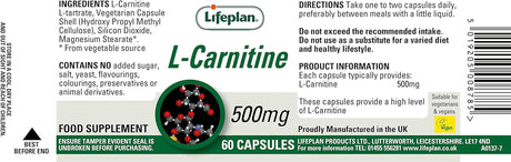 Lifeplan L-Carnitine 500Mg 60 Capsules