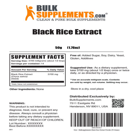 Bulksupplements.Com Black Rice Extract Powder, 3700Mg - Heart & Vision Support (50G - 14 Servings)