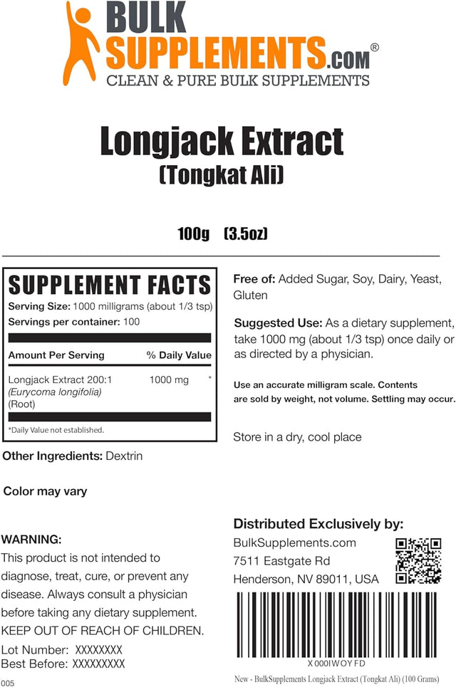 BULKSUPPLEMENTS.COM Longjack Extract Powder - Tongkat Ali Extract, Tongkat Ali Powder - Longjack Tongkat Ali, Tongkat Ali for Men - Gluten Free, 1000Mg per Serving, 100G (3.5 Oz)