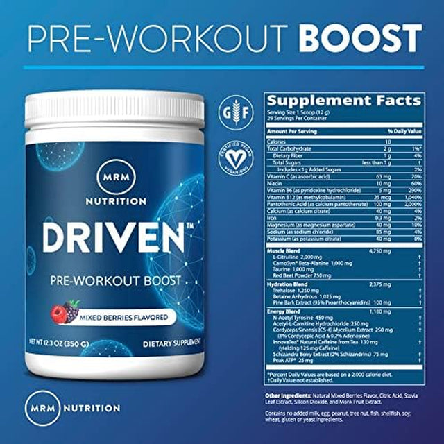 MRM Nutrition Driven Pre-Workout Powder | Mixed Berry Flavored | 125Mg Caffeine | Pure Ingredients| Muscle + Hydration + Energy Blends | Performance Energy | Vegan + Gluten-Free | 29 Servings