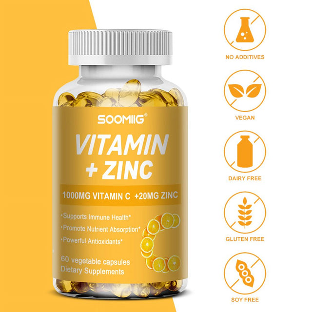 SOOMIIG Vitamin 1000Mg + Zinc 20Mg Supplement, 2-In-1 Antioxidant Formula, Immunity Enhancement, Collagen Production & Skin Health Support