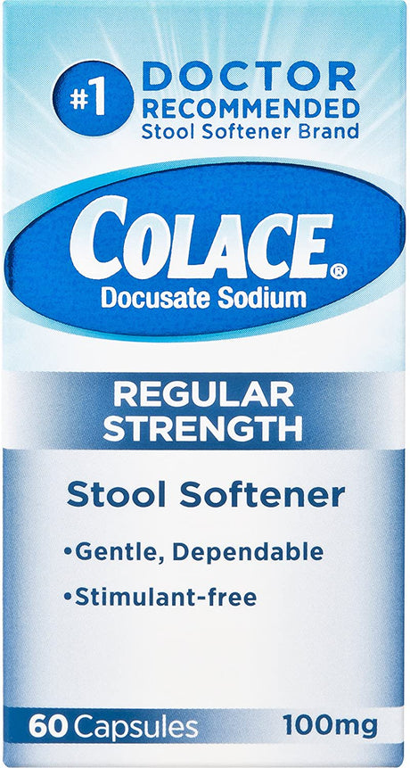 Colace Regular Strength Stool Softener 100 Mg Capsules 60 Count Docusate Sodium Stool Softener for Gentle Dependable Relief