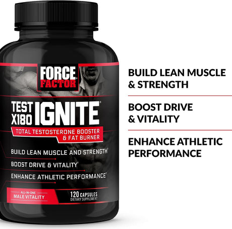 Force Factor Test X180 Ignite Total Testosterone Booster for Men with Fenugreek Seed and Green Tea Extract to Build Lean Muscle, Boost Energy, and Improve Performance, 120 Count