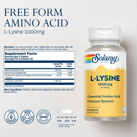 SOLARAY L-Lysine, Free-Form 1000 Mg, Essential Amino Acid Immune Support Supplement with Vitamin C 1,000 Mg and Zinc 25 Mg, Lab Verified, 60-Day Guarantee, 30 Servings, 90 Tablets