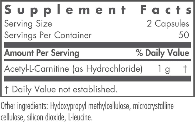 Nutricology Acetyl L-Carnitine 500Mg - Metabolism and Energy Support - 100 Vegetarian Capsules