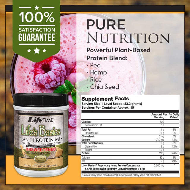 LIFETIME Lifes Basics Plant Based Protein Powder | Unsweetened Natural Vanilla, Vegan | No Gluten, Sweeteners, Flavors, or Preservatives | 1.1Lb