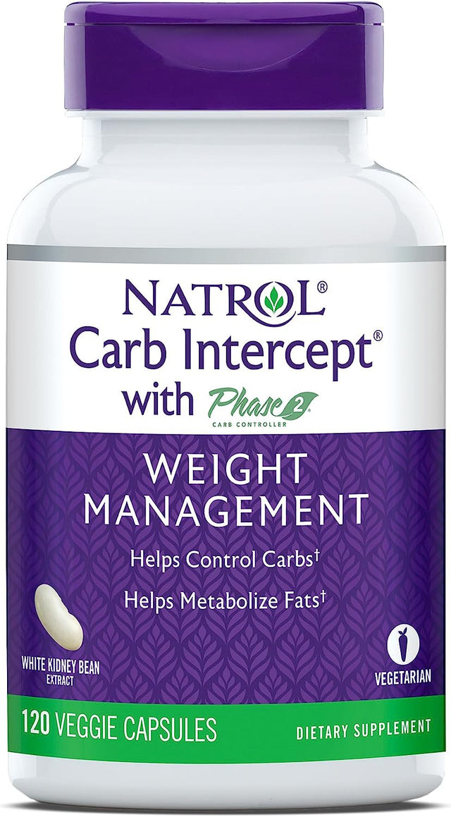Natrol Carb Intercept Capsules with White Kidney Bean Extract - Controls Carbs, Metabolizes Fats, Clinically Tested - Promotes Healthy Weight, 1000Mg, 120 Count