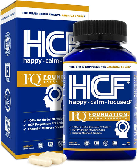 HCF Happy, Calm & Focused - Natural Nootropic Focus Supplement - Boost Concentration, Enhance Focus, Natural Calm Aid & Stress Relief - 90 Capsules for Men & Women - Caffeine-Free Brain Supplement