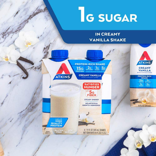 Atkins Gluten Free Protein-Rich Shake, Creamy/French Vanilla, Keto Friendly, (Packaging May Vary) , 11 Fl Oz (Pack of 4)