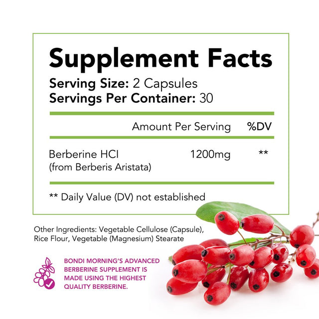 Bondi Morning Berberine HCL Supplement- High Potency 1200Mg per Serving for Blood Sugar Support - 60 Capsules