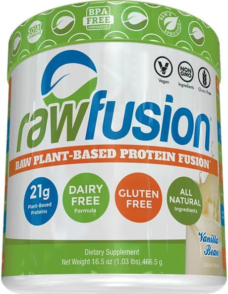 Rawfusion- Vegan Protein Powder, Vanilla Bean - 21G of Plant Based Protein, Low Net Carbs, Non Dairy, Gluten/Lactose Free, Soy Free, Kosher, Non-Gmo, 1Lb Pound