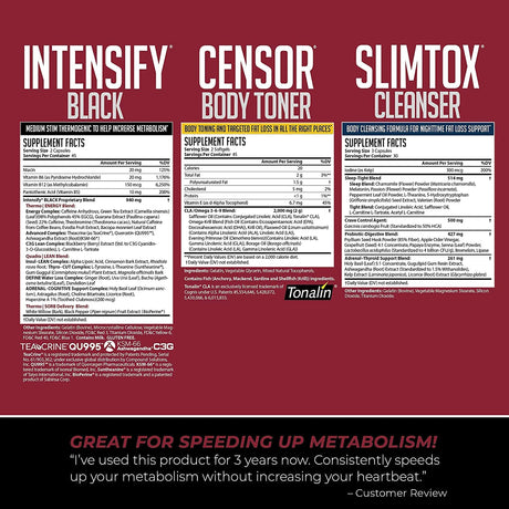 Leanform24 NDS Nutrition Complete Diet Kit Weight Loss - Decrease Appetite and Energy Booster - L-Carnitine and CLA (Intensify Black 90 Capsules, Censor 90 Softgels, and Slim-Tox 90 Capsules)