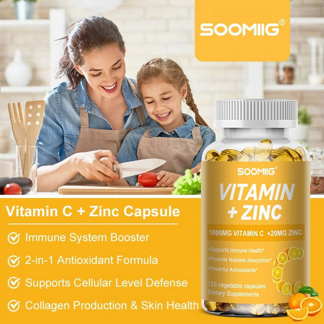 SOOMIIG Vitamin 1000Mg + Zinc 20Mg Supplement, 2-In-1 Antioxidant Formula, Immunity Enhancement, Collagen Production & Skin Health Support