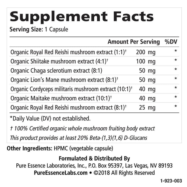 Mycomune 4X Immune Support Supplement - Organic Mushrooms Reishi, Lion'S Mane, Cordyceps, Chaga, Shiitake, Maitake for Stress, Energy and Brain by Pure Essence- 60 Caps