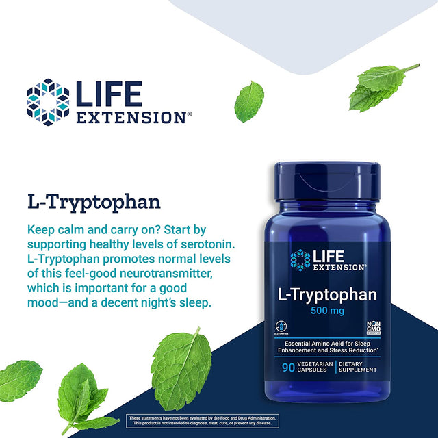 Life Extension L-Tryptophan 500 Mg – L-Tryptophan Supplement for Healthy Sleep and Stress Response Support – Gluten-Free, Non-Gmo, Vegetarian – 90 Capsules