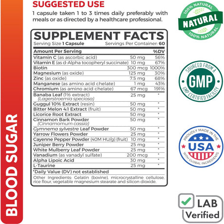 Healths Harmony Blood Sugar Support Supplement - Helps with Blood Glucose and Weight Loss - Natural Herb Health Level Formula - 100% Money Back Guarantee - 60 Capsule Pills