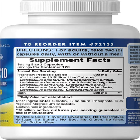 Puritan'S Pride Probiotic 10 (20 Billion Active Cultures) 120 Capsules