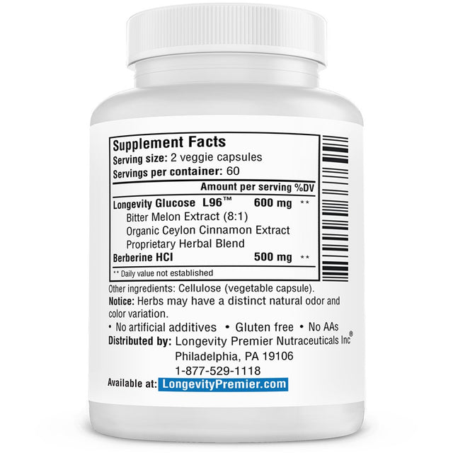 Longevity Glucose Formula with Bitter Melon, Berberine for Blood Sugar Support. 120 Vcaps