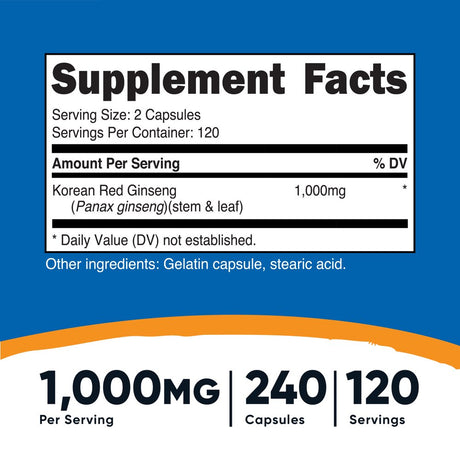 Nutricost Korean Red Ginseng 240 Capsules - 1000Mg Extra Strength Serving Size - Supplement