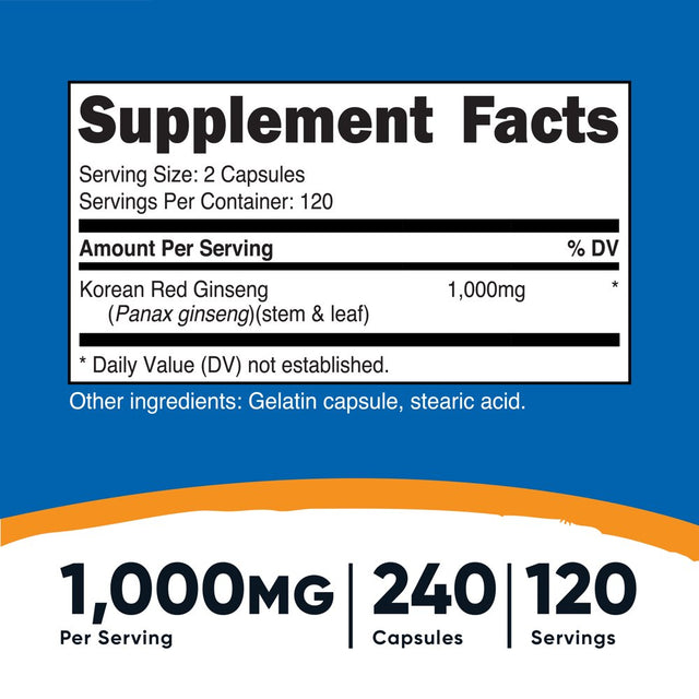 Nutricost Korean Red Ginseng 240 Capsules - 1000Mg Extra Strength Serving Size - Supplement