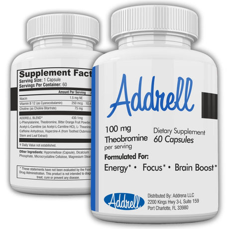 Addrell Energy Stimulant Dietary Supplement Designed for Brain Boosting- 60 Natural Pills
