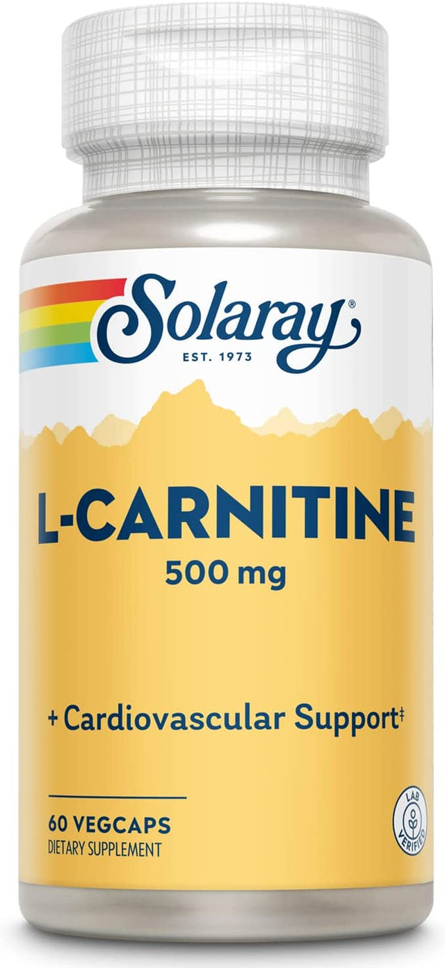 SOLARAY L-Carnitine 500 Mg, Healthy Cardiovascular Support, Free Form Amino Acid, Lab Verified, GMP Facility, 60-Day Money-Back Guarantee, 60 Servings, 60 Vegcaps
