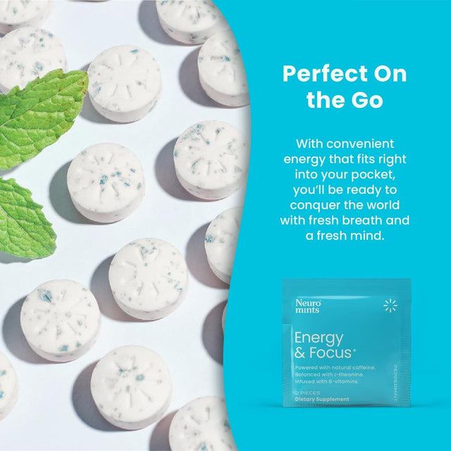 Neuromints Peppermint Caffeine Mints with L Theanine and Vitamin B6 B12 Energy and Brain Supplement Nootropic, 30 X 2 Pc Sachets = 60 Pieces