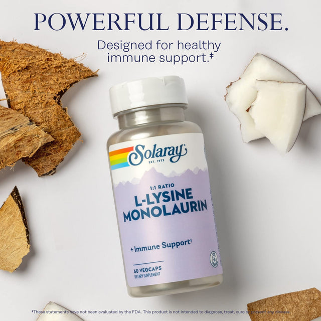 SOLARAY L-Lysine Monolaurin Immune Support Supplement, 1:1 Ratio for Immune System Function, Skin and Gut Health Support, 500 Mg Each, 60-Day Money Back Guarantee, 30 Servings, 60 Vegcaps