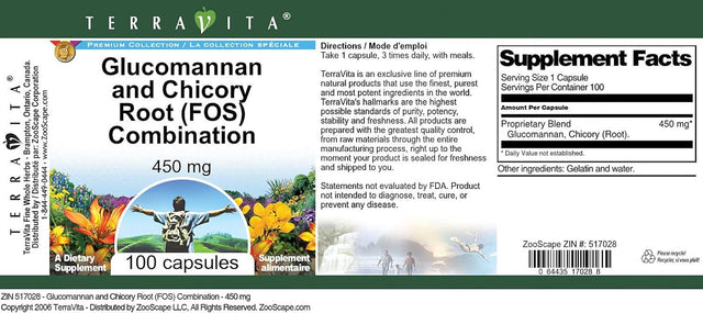 Terravita Glucomannan and Chicory Root (FOS) Combination - 450 Mg (100 Capsules, ZIN: 517028)