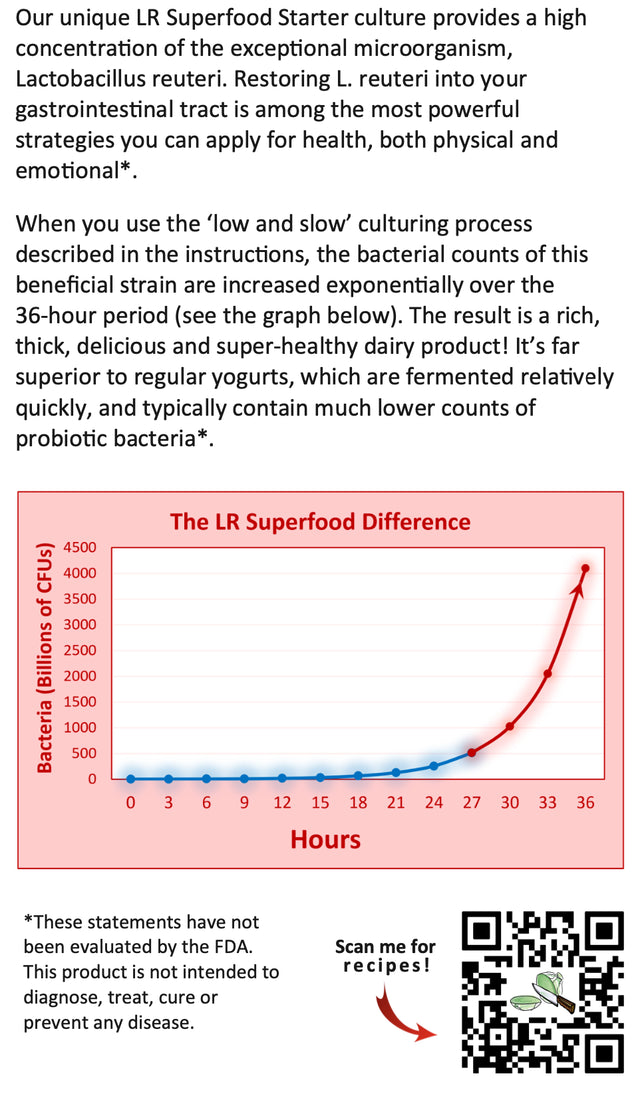 LR Superfood Starter Culture + Prebio plus L. Reuteri Probiotic as Recommended by Dr William Davis Super Gut, MD Cultured Dairy Low and Slow Yogurt Lactobacillus