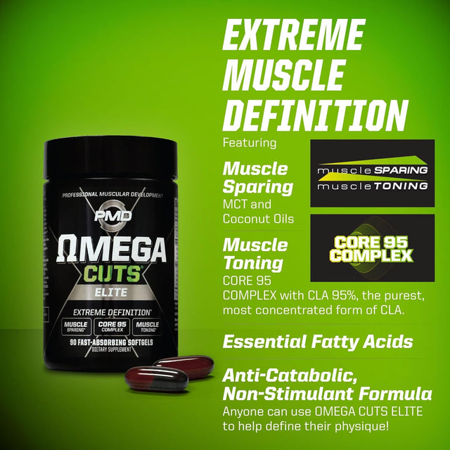PMD Sports Omega Cuts Elite Fat Loss-Muscle Defining Formula - Omega Fatty Acids, Mct'S and CLA for Muscle Definition and Maintenance - Keto Friendly for Women and Men - Stimulant Free (90 Softgels)