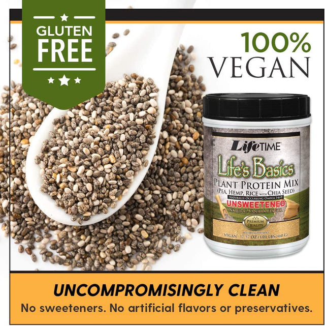 LIFETIME Lifes Basics Plant Based Protein Powder | Unsweetened Natural Vanilla, Vegan | No Gluten, Sweeteners, Flavors, or Preservatives | 1.1Lb