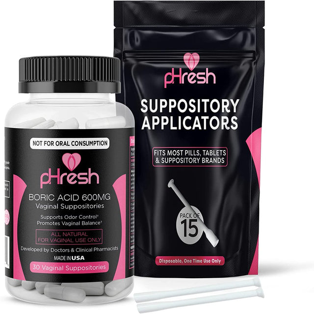 Phresh Boric Acid Suppositories (600 Mg, 30 Count) with 15 Suppository Applicators - Made in USA