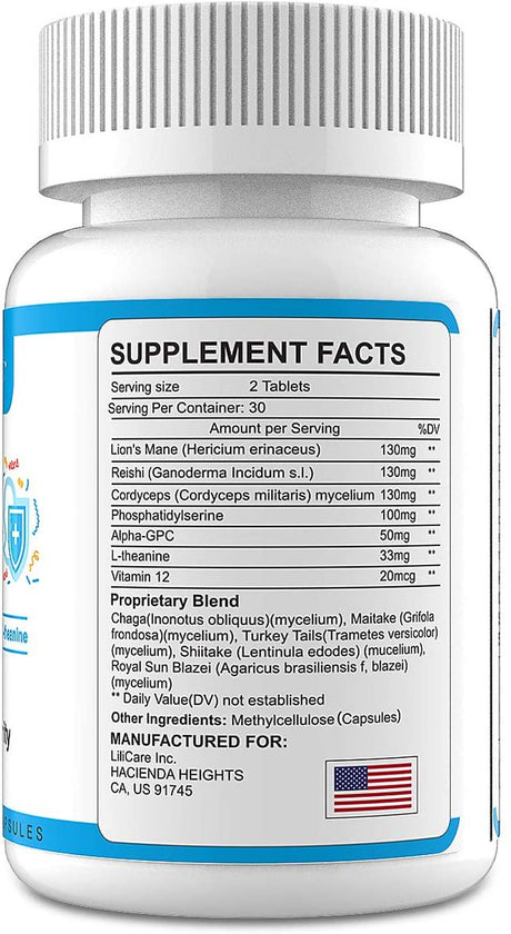 Reishi Mushroom Capsules,Lions Mane, Cordyceps, Turkey Tail, Chaga, L-Theanine, Alpha-Gpc, Nootropic Brain Supplement for Stress Relief, Memory and Immune Support, 60 Capsules