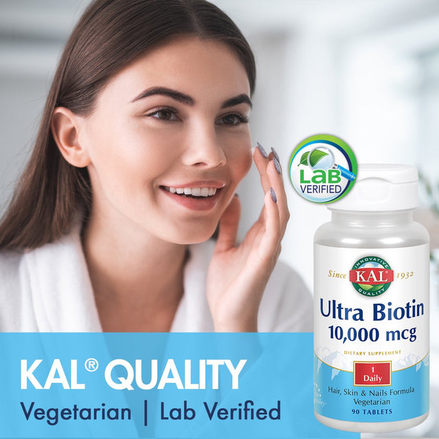 KAL Ultra Biotin 10,000 Mcg | Healthy Hair Growth Formula | Skin & Nail Health Support | Vegetarian | 90 Tabs, 90 Serv.