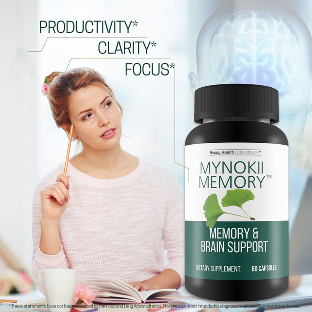 Mynokii Memory - Nootropic Brain Supplement - Memory & Brain Support with Gingko Biloba & DMAE - Aid Memory, Focus, Mood, & Productivity - Promote Clear Thinking & Concentration - Memory Supplements