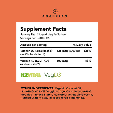Amandean Vitamin D3 K2. Vegan D3 5000 Iu from Algae. All-Trans MK-7 K2. 120 Softgels. Plant-Based & Carrageenan Free. Organic Coconut Oil Blend. Vit D + K for Mood, Bones, Heart, Teeth, Immune Health.