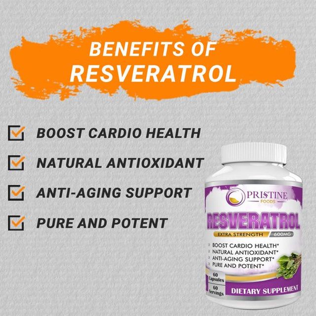 Pristine Extra Strength Resveratrol Supplement 600Mg - Trans-Resveratrol for Anti-Aging & Antioxidant, Cardiovascular Health, Blood Sugar Support - 60 Ct.