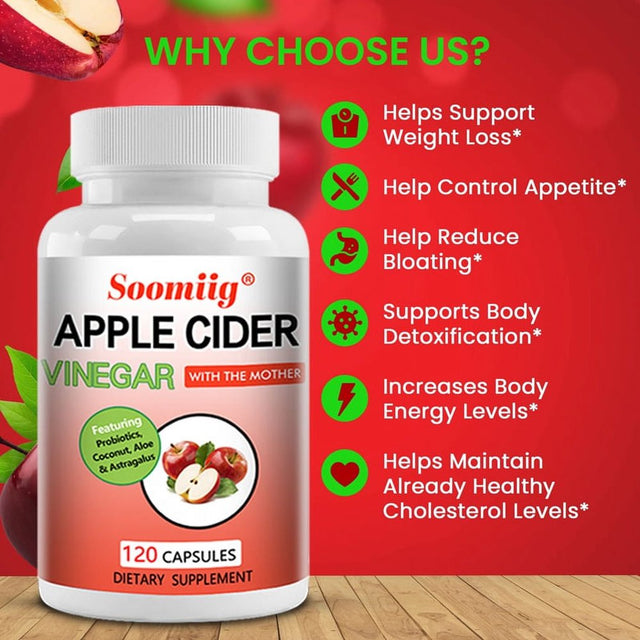 Soomiig Apple Cider Vinegar Capsules - 100% Organic Apple Cider Vinegar Pills - Natural Digestion, Immune Boosting Support and Cleansing Supplement with Probiotics