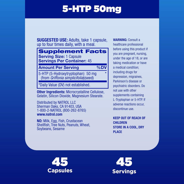 Natrol Mood & Stress 5-HTP 50Mg, Dietary Supplement Helps Support a Balanced Mood, 45 Capsules, 11-45 Day Supply
