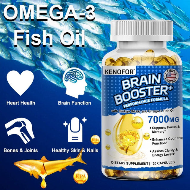 KENOFOR Brain Booster - 7000 Mg of EPA & DHA Optimum Essential Fatty Acids to Support Heart, Brain & Joints Advanced Burp-Free Softgel Supplement