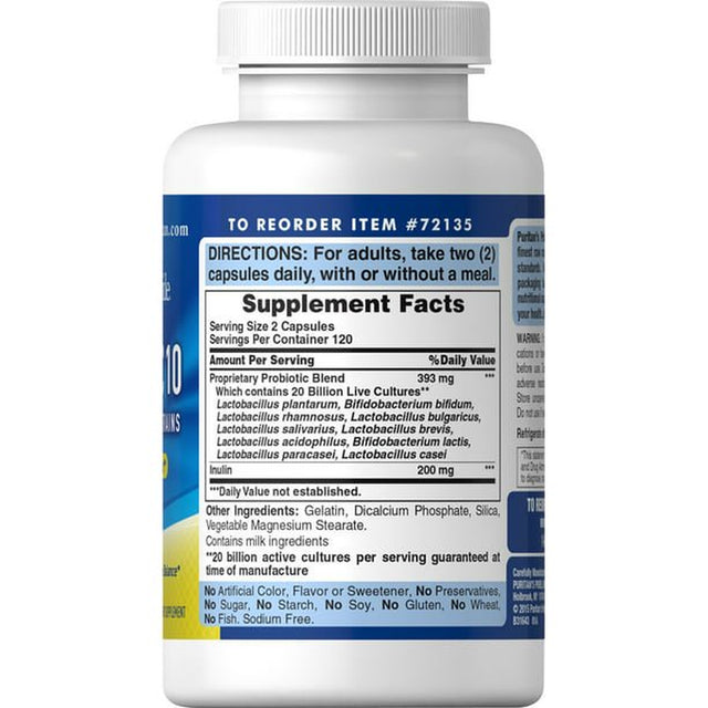 Puritan'S Pride Probiotic 10 (20 Billion Active Cultures) 120 Capsules