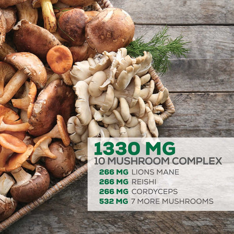 Mushroom Supplement - 10 Mushroom Complex Blend - Lions Mane, Reishi, Turkey Tail, Chaga, Cordyceps, Shiitake, Maitake - Nootropic Brain Supplement, Memory, Focus, Immune Health Support - 120 Count