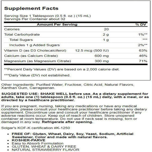 Solgar Liquid Calcium Magnesium Citrate with Vitamin D3 - Strawberry