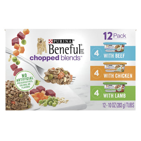 Purina Beneful Wet Dog Food Chopped Blends High Protein Variety Pack, Real Lamb, Beef & Chicken, 10 Oz Tubs (12 Pack)